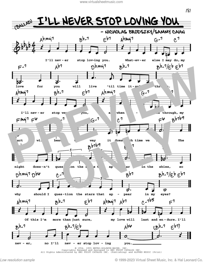 I'll Never Stop Loving You (Low Voice) sheet music for voice and other instruments (low voice) by Doris Day, Nicholas Brodszky and Sammy Cahn, intermediate skill level