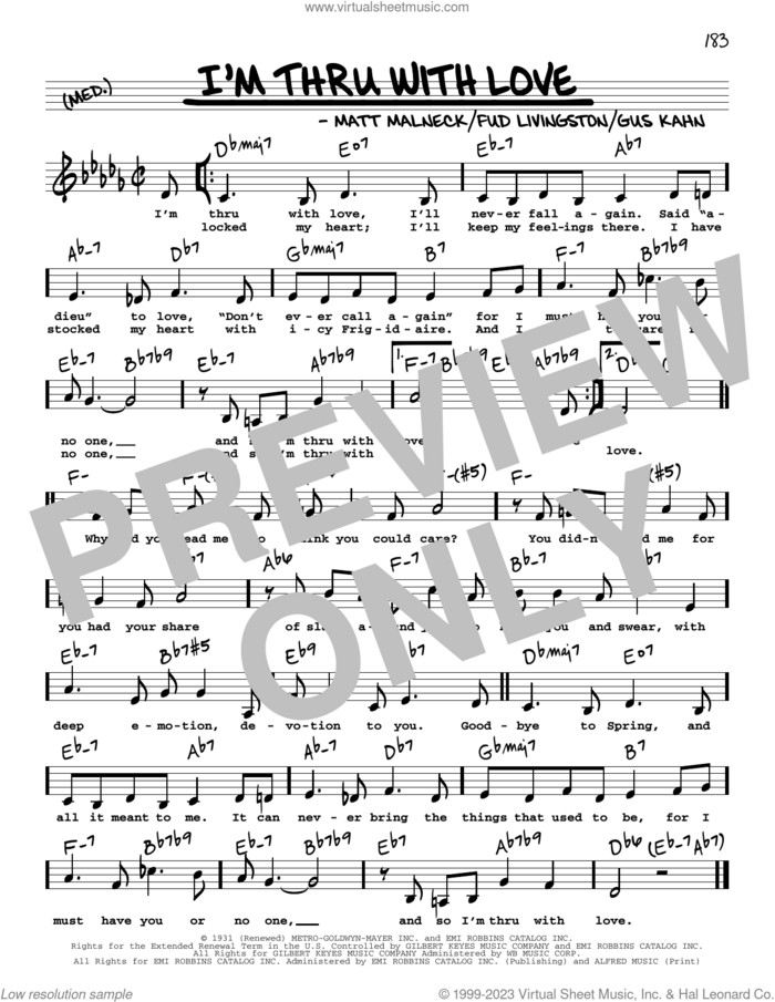 I'm Thru With Love (Low Voice) sheet music for voice and other instruments (low voice) by Gus Kahn, Fud Livingston and Matt Malneck, intermediate skill level