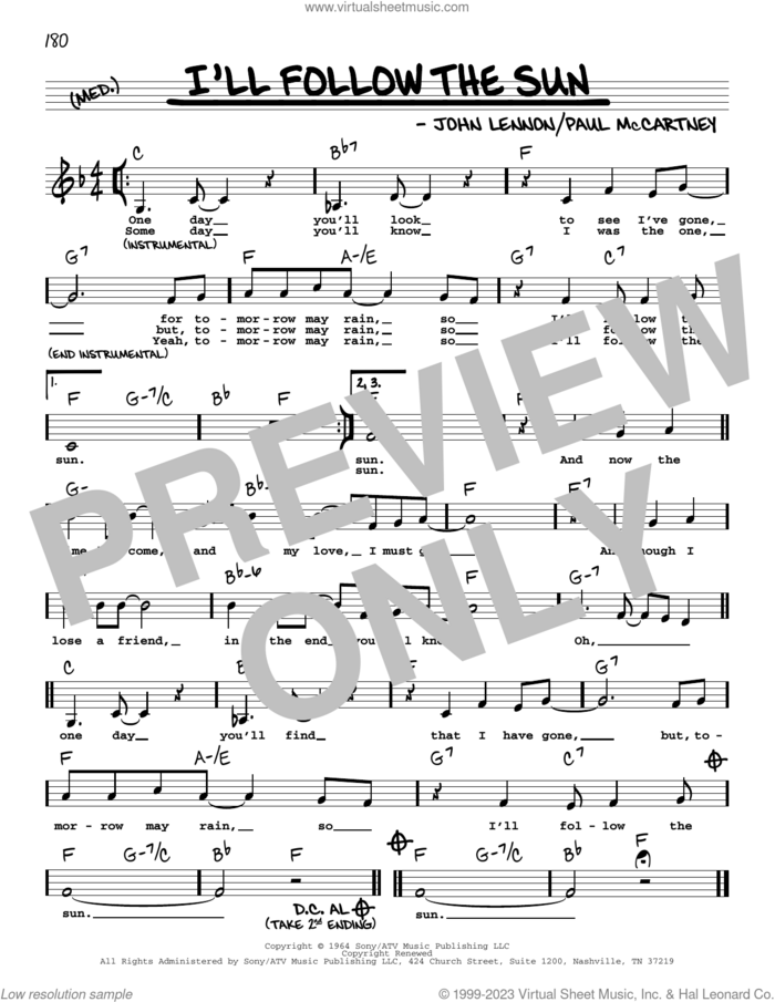 I'll Follow The Sun (Low Voice) sheet music for voice and other instruments (low voice) by The Beatles, John Lennon and Paul McCartney, intermediate skill level