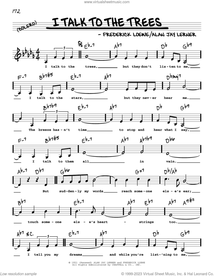 I Talk To The Trees (Low Voice) sheet music for voice and other instruments (low voice) by Lerner & Loewe, Alan Jay Lerner and Frederick Loewe, intermediate skill level