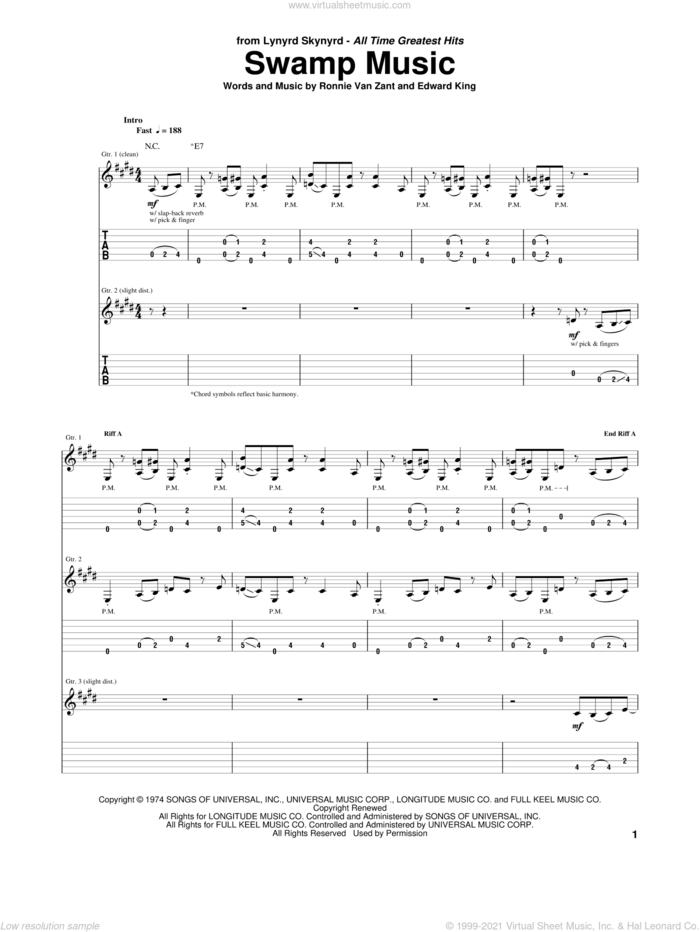 Swamp Music sheet music for guitar (tablature) by Lynyrd Skynyrd, Edward King and Ronnie Van Zant, intermediate skill level
