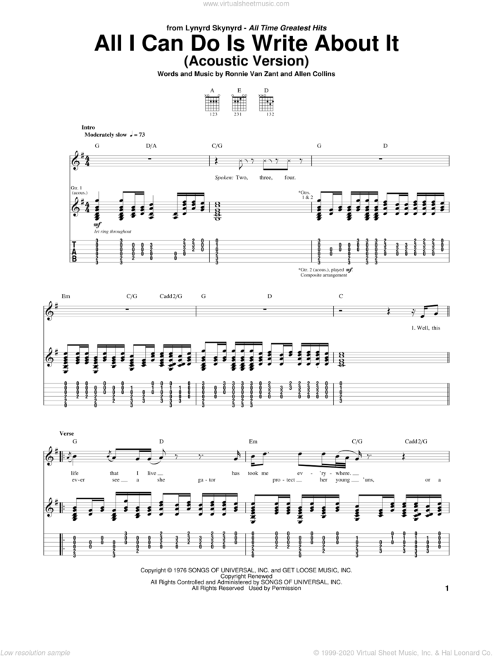 All I Can Do Is Write About It sheet music for guitar (tablature) by Lynyrd Skynyrd, Allen Collins and Ronnie Van Zant, intermediate skill level
