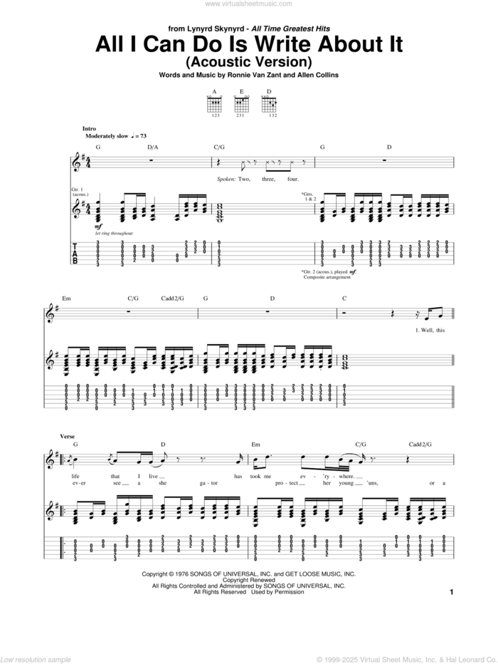 All I Can Do Is Write About It sheet music for guitar (tablature) by Lynyrd Skynyrd, Allen Collins and Ronnie Van Zant, intermediate skill level