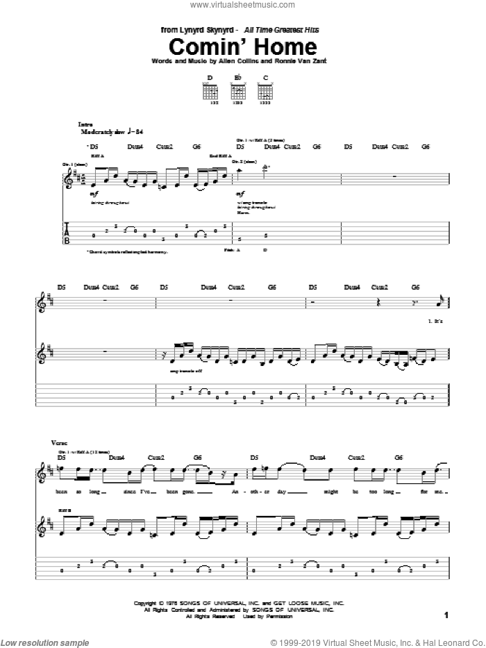 Comin' Home sheet music for guitar (tablature) by Lynyrd Skynyrd, Allen Collins and Ronnie Van Zant, intermediate skill level