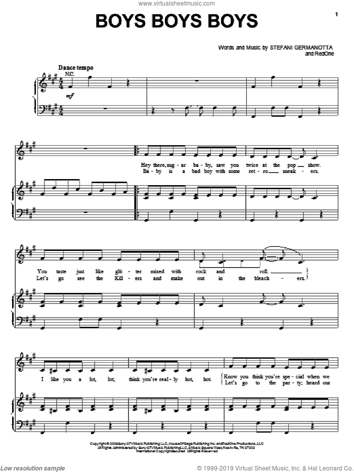 Boys Boys Boys sheet music for voice, piano or guitar by Lady GaGa and RedOne, intermediate skill level