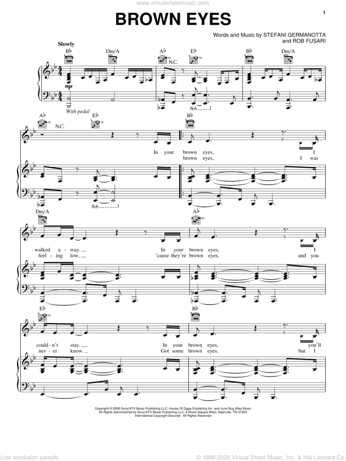 Brown Eyes sheet music for voice, piano or guitar by Lady GaGa and Rob Fusari, intermediate skill level