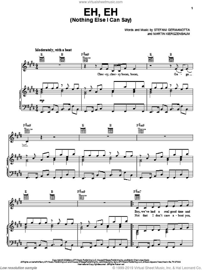 Eh, Eh (Nothing Else I Can Say) sheet music for voice, piano or guitar by Lady GaGa and Martin Kierszenbaum, intermediate skill level