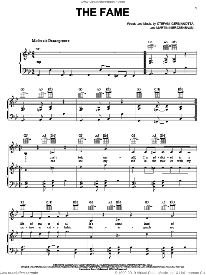 The Fame sheet music for voice, piano or guitar by Lady GaGa and Martin Kierszenbaum, intermediate skill level