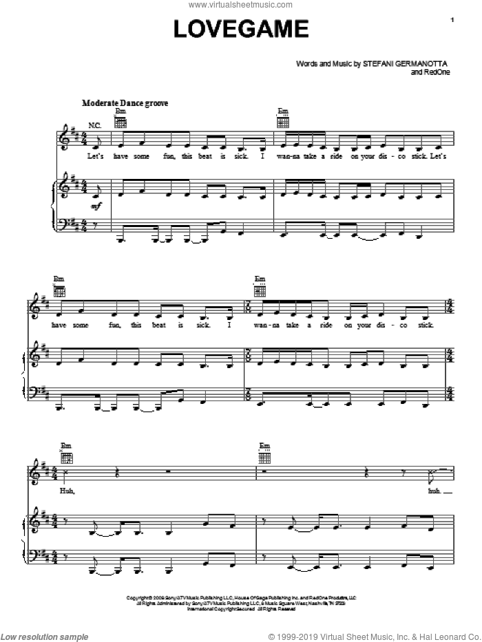 Lovegame sheet music for voice, piano or guitar by Lady GaGa and RedOne, intermediate skill level