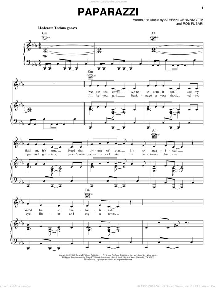 Paparazzi sheet music for voice, piano or guitar by Lady GaGa and Rob Fusari, intermediate skill level