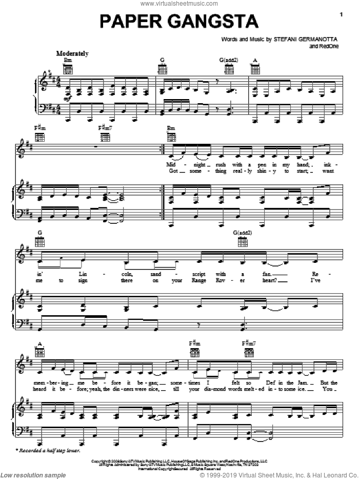 Paper Gangsta sheet music for voice, piano or guitar by Lady GaGa and RedOne, intermediate skill level