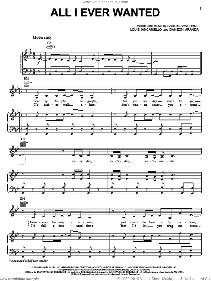 All I Ever Wanted sheet music for voice, piano or guitar by Kelly Clarkson, Dameon Aranda, Louis Biancaniello and Sam Watters, intermediate skill level
