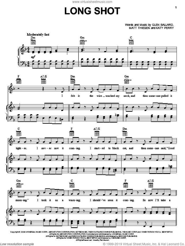 Long Shot sheet music for voice, piano or guitar by Kelly Clarkson, Glen Ballard, Katy Perry and Matt Theissen, intermediate skill level