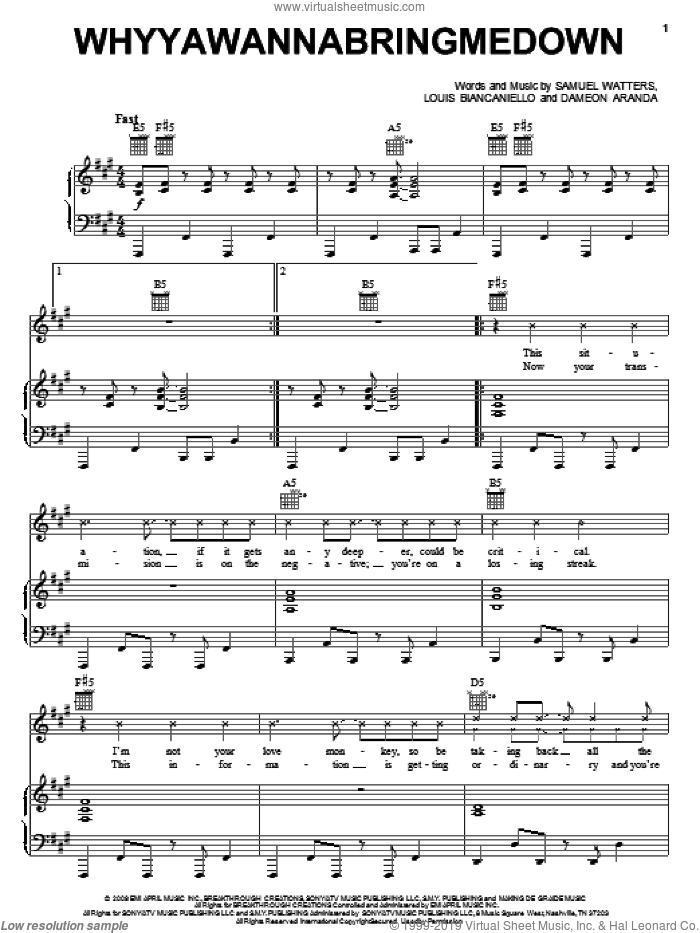 Whyyawannabringmedown sheet music for voice, piano or guitar by Kelly Clarkson, Dameon Aranda, Louis Biancaniello and Sam Watters, intermediate skill level