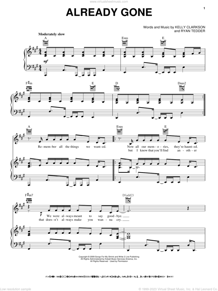 Already Gone sheet music for voice, piano or guitar by Kelly Clarkson and Ryan Tedder, intermediate skill level