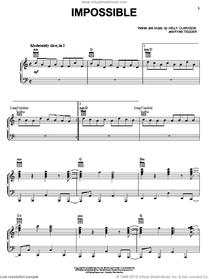 Impossible sheet music for voice, piano or guitar by Kelly Clarkson and Ryan Tedder, intermediate skill level