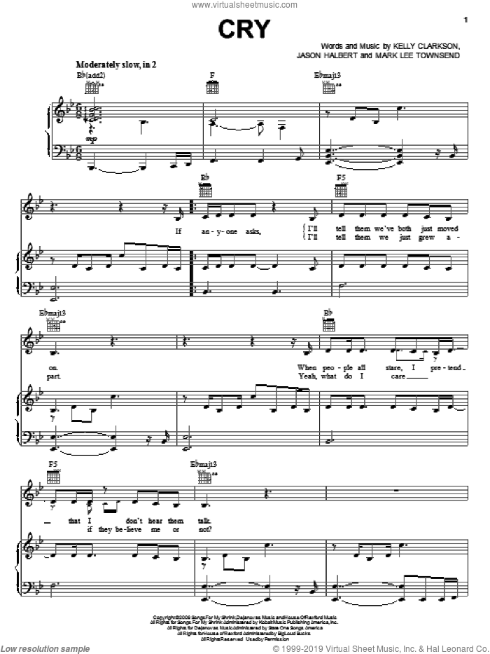 Cry sheet music for voice, piano or guitar by Kelly Clarkson, Jason Halbert and Mark Lee Townsend, intermediate skill level