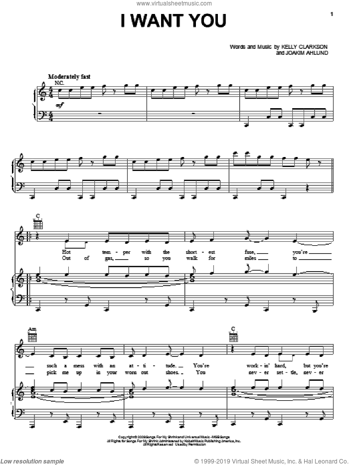 I Want You sheet music for voice, piano or guitar by Kelly Clarkson and Joakim Ahlund, intermediate skill level