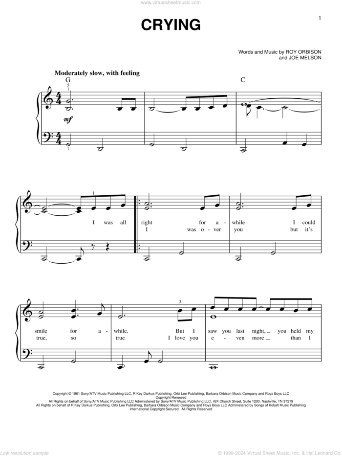 Crying, (easy) sheet music for piano solo by Roy Orbison, Don McLean and Joe Melson, easy skill level