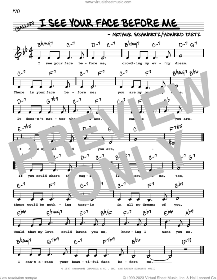 I See Your Face Before Me (Low Voice) sheet music for voice and other instruments (low voice) by Arthur Schwartz and Howard Dietz, intermediate skill level