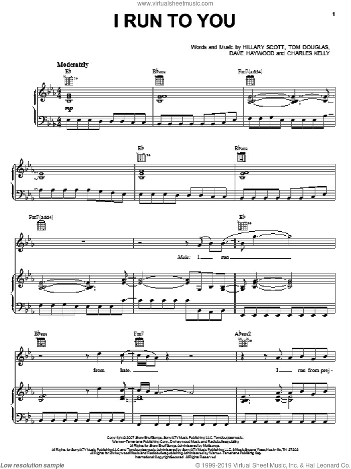I Run To You sheet music for voice, piano or guitar by Lady Antebellum, Lady A, Charles Kelley, Dave Haywood, Hillary Dawn Scott and Tom Douglas, intermediate skill level