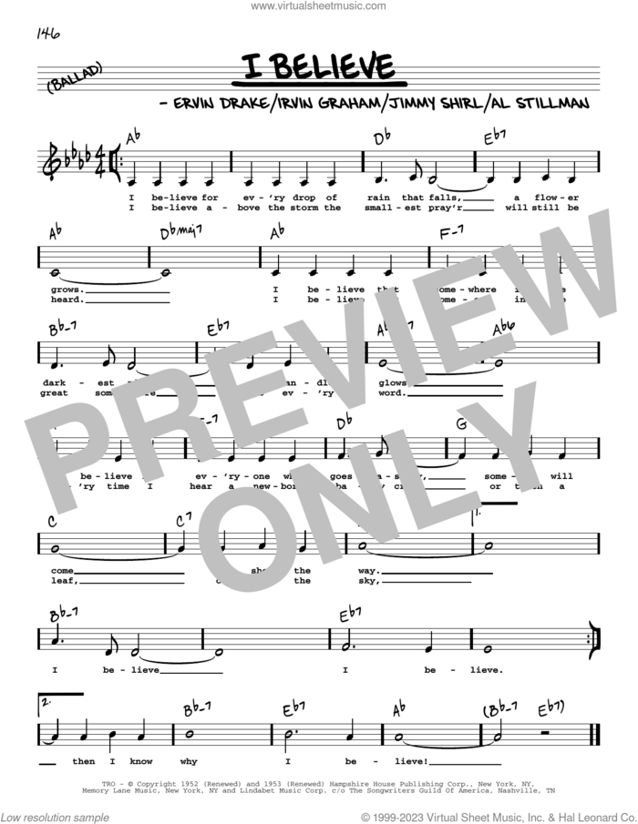 I Believe (Low Voice) sheet music for voice and other instruments (low voice) by Jimmy Shirl, Al Stillman, Ervin Drake and Irvin Graham, intermediate skill level