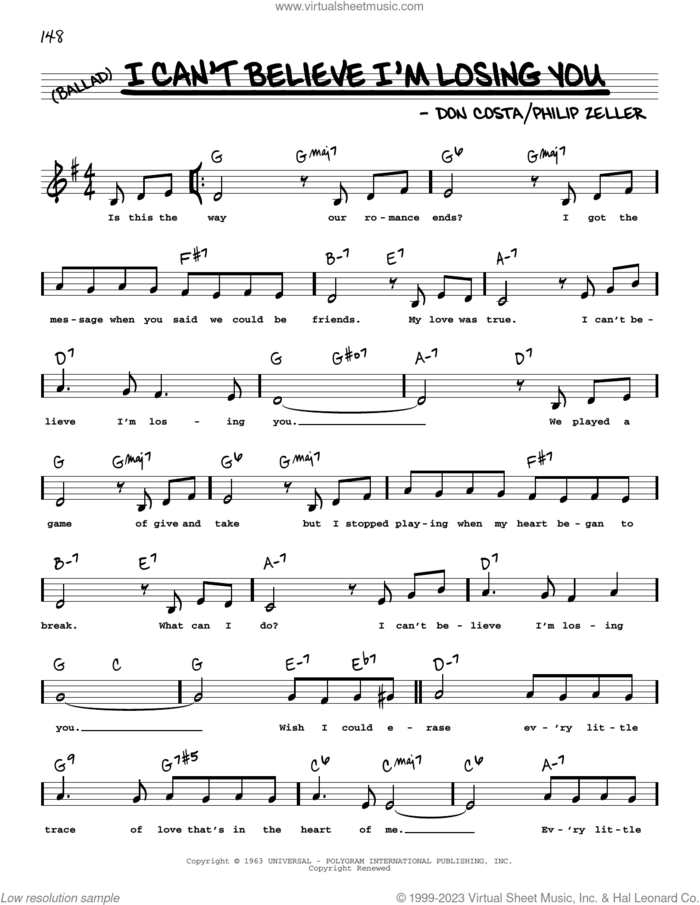 I Can't Believe I'm Losing You (Low Voice) sheet music for voice and other instruments (low voice) by Frank Sinatra, Don Costa and Philip Zeller, intermediate skill level