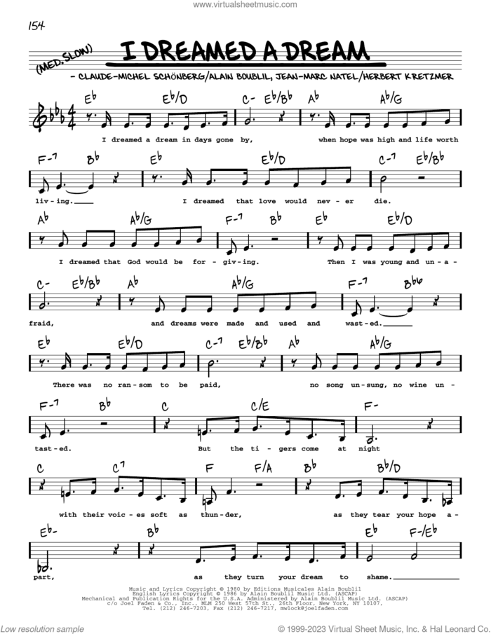 I Dreamed A Dream (Low Voice) (from Les Miserables) sheet music for voice and other instruments (low voice) by Boublil and Schonberg, Alain Boublil, Claude-Michel Schonberg, Herbert Kretzmer and Jean-Marc Natel, intermediate skill level