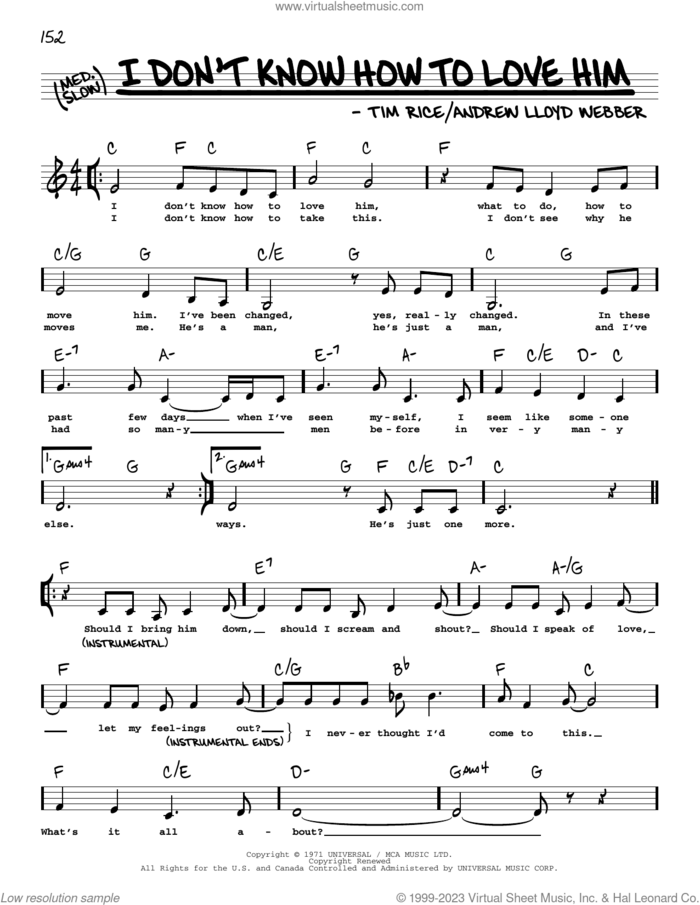 I Don't Know How To Love Him (Low Voice) (from Jesus Christ Superstar) sheet music for voice and other instruments (low voice) by Andrew Lloyd Webber, Helen Reddy and Tim Rice, intermediate skill level