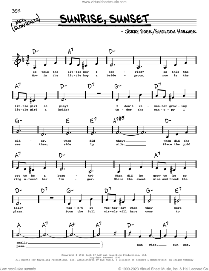Sunrise, Sunset (from Fiddler On The Roof) (Low Voice) sheet music for voice and other instruments (low voice) by Jerry Bock, Bock & Harnick and Sheldon Harnick, intermediate skill level