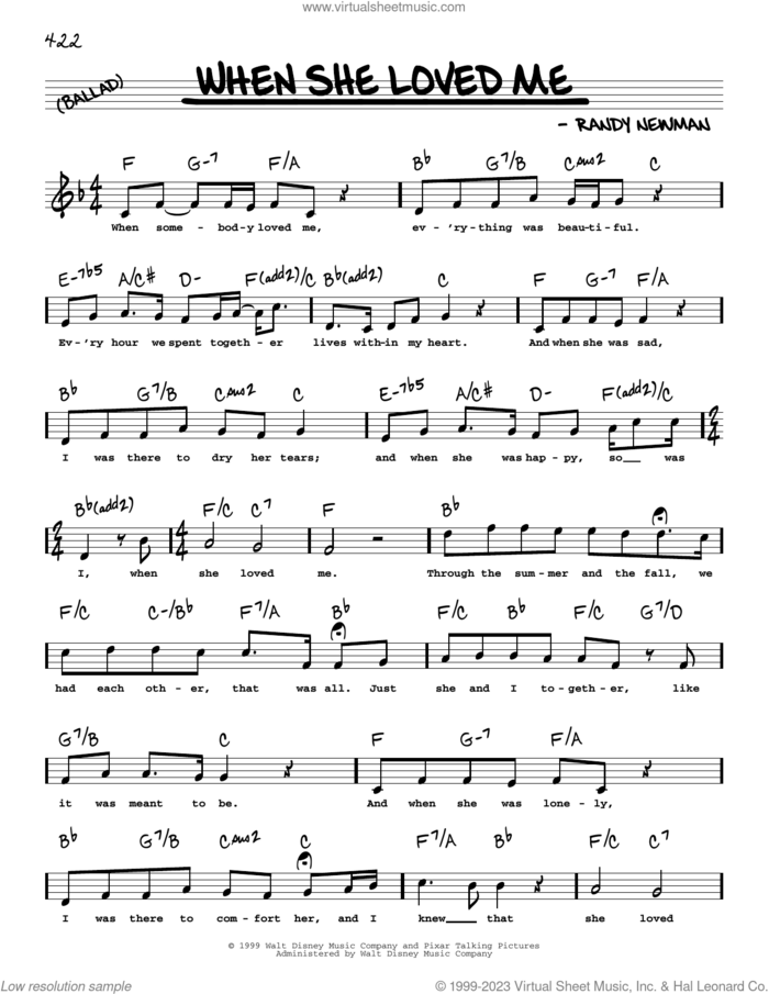 When She Loved Me (from Toy Story 2) (Low Voice) sheet music for voice and other instruments (low voice) by Sarah McLachlan and Randy Newman, intermediate skill level