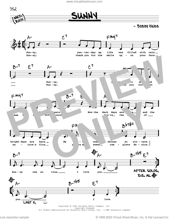 Sunny (Low Voice) sheet music for voice and other instruments (low voice) by Bobby Hebb, intermediate skill level