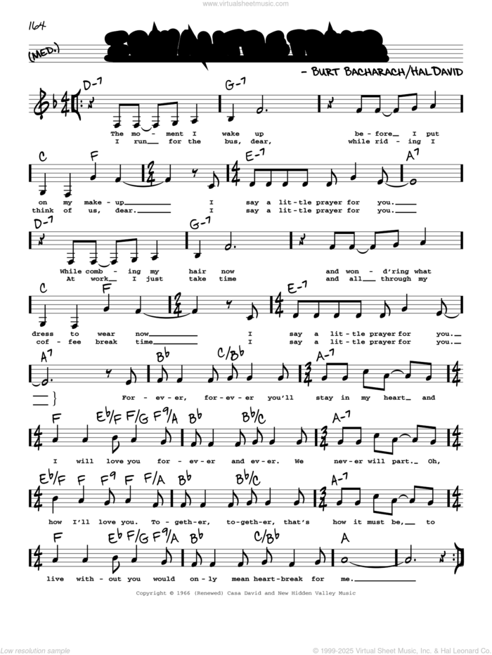 I Say A Little Prayer (Low Voice) sheet music for voice and other instruments (low voice) by Burt Bacharach, Aretha Franklin, Dionne Warwick, Bacharach & David and Hal David, intermediate skill level