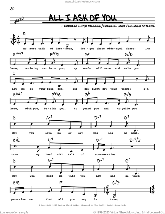All I Ask Of You (from The Phantom Of The Opera) (Low Voice) sheet music for voice and other instruments (low voice) by Andrew Lloyd Webber, Charles Hart and Richard Stilgoe, intermediate skill level