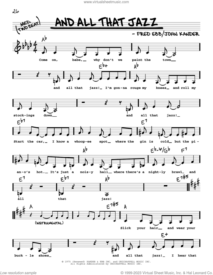 And All That Jazz (from Chicago) (Low Voice) sheet music for voice and other instruments (low voice) by John Kander, Fred Ebb and Kander & Ebb, intermediate skill level
