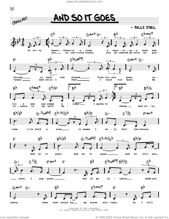 And So It Goes (Low Voice) sheet music for voice and other instruments (low voice) by Billy Joel, intermediate skill level