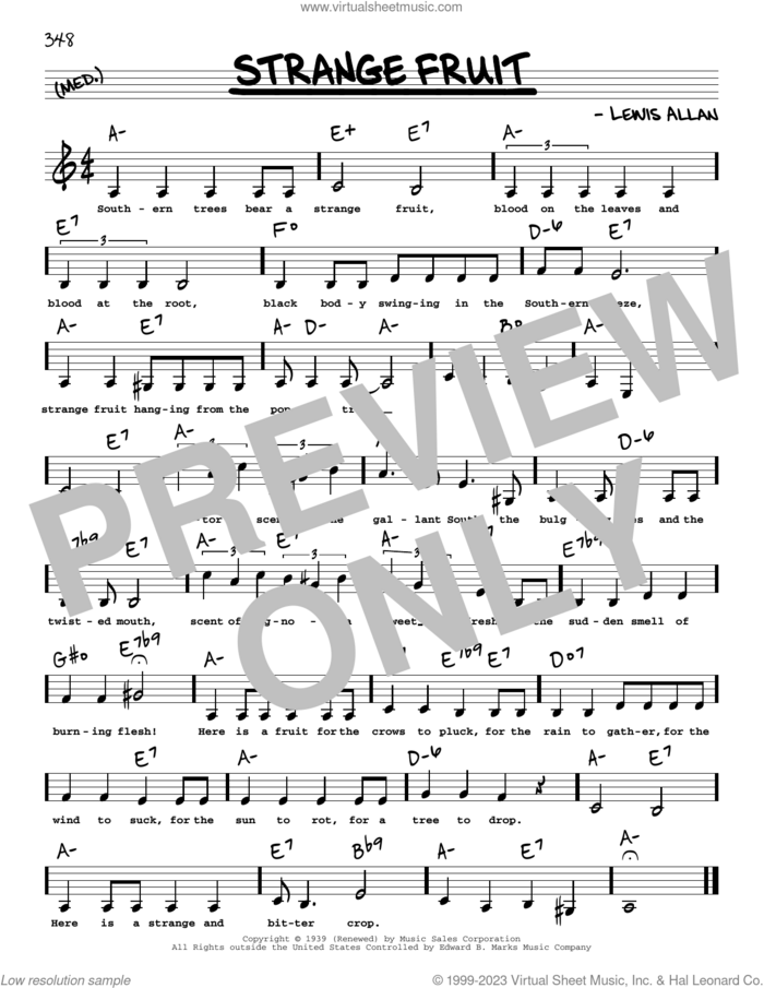 Strange Fruit (Low Voice) sheet music for voice and other instruments (low voice) by Billie Holiday and Lewis Allan, intermediate skill level