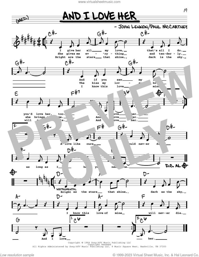 And I Love Her (Low Voice) sheet music for voice and other instruments (low voice) by The Beatles, John Lennon and Paul McCartney, intermediate skill level