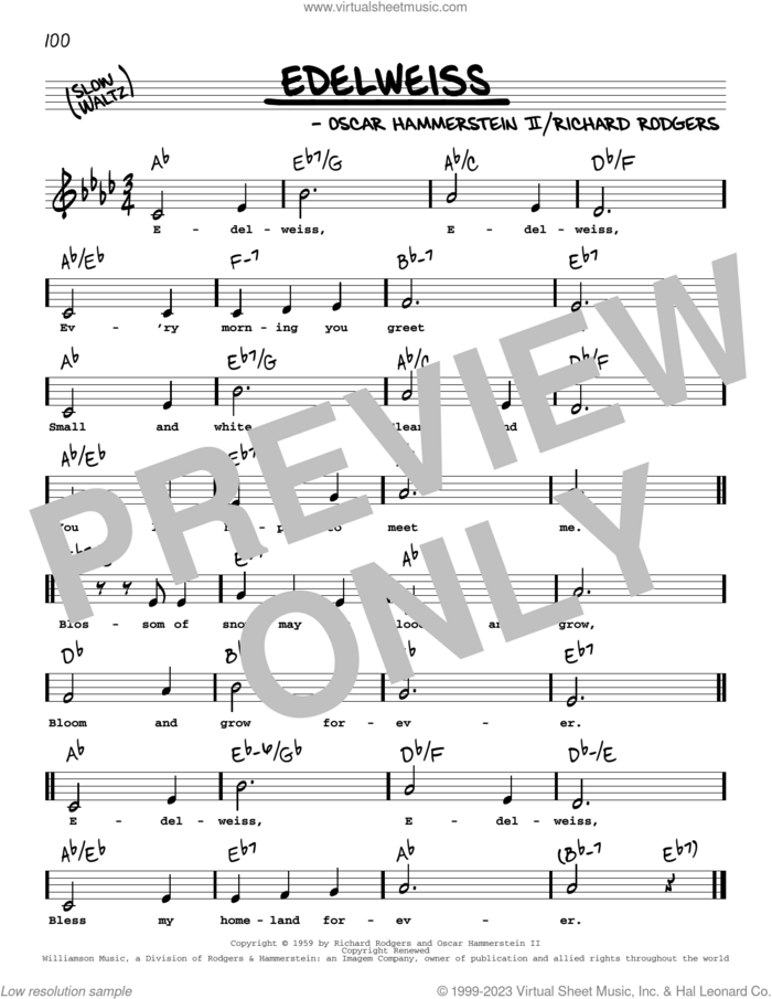 Edelweiss (from The Sound Of Music) (Low Voice) sheet music for voice and other instruments (low voice) by Richard Rodgers, Oscar II Hammerstein and Rodgers & Hammerstein, intermediate skill level
