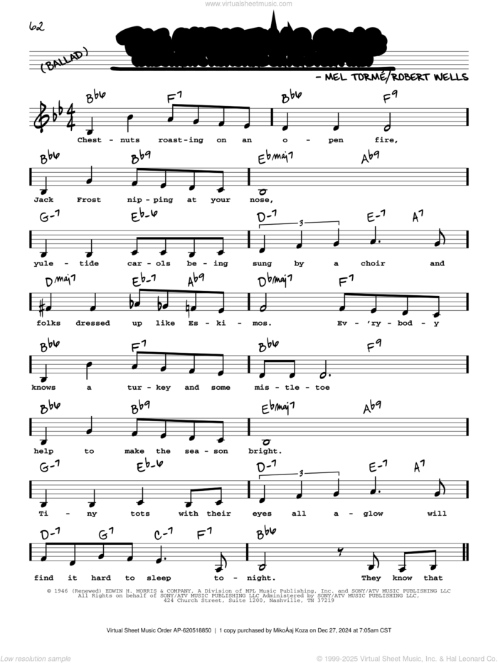 The Christmas Song (Chestnuts Roasting On An Open Fire) (Low Voice) sheet music for voice and other instruments (low voice) by Nat King Cole, Mel Torme and Robert Wells, intermediate skill level