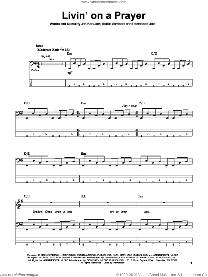 Livin' On A Prayer sheet music for bass (tablature) (bass guitar) by Bon Jovi, Desmond Child and Richie Sambora, intermediate skill level