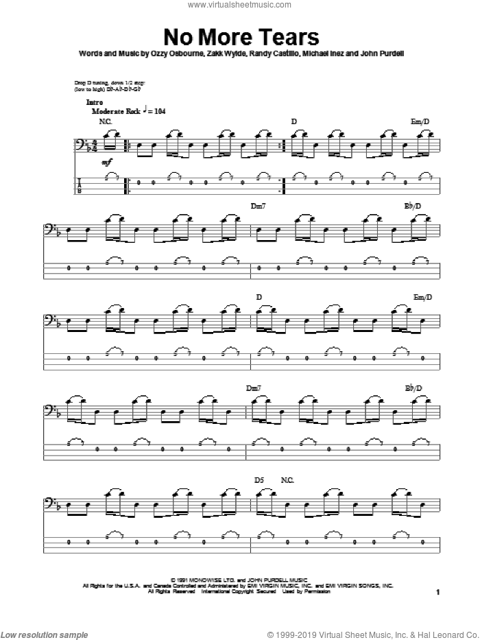 No More Tears sheet music for bass (tablature) (bass guitar) by Ozzy Osbourne, John Purdell, Mike Inez, Randy Castillo and Zakk Wylde, intermediate skill level