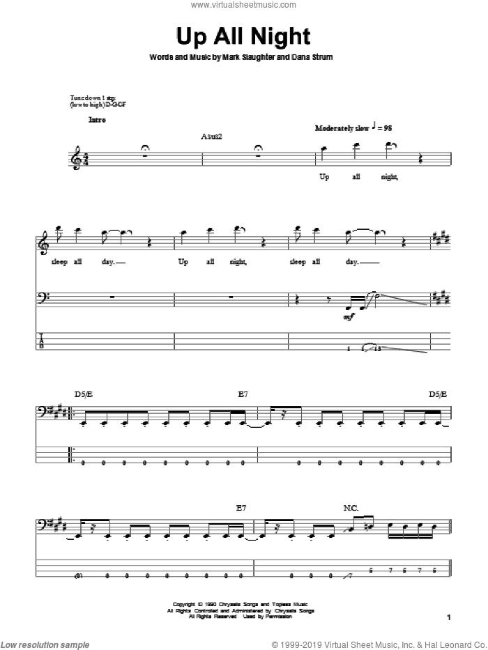 Up All Night sheet music for bass (tablature) (bass guitar) by Slaughter, Dana Strum and Mark Slaughter, intermediate skill level