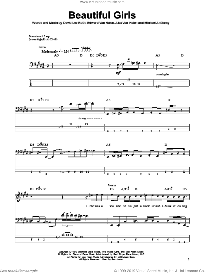 Beautiful Girls sheet music for bass (tablature) (bass guitar) by Edward Van Halen, Alex Van Halen, David Lee Roth and Michael Anthony, intermediate skill level