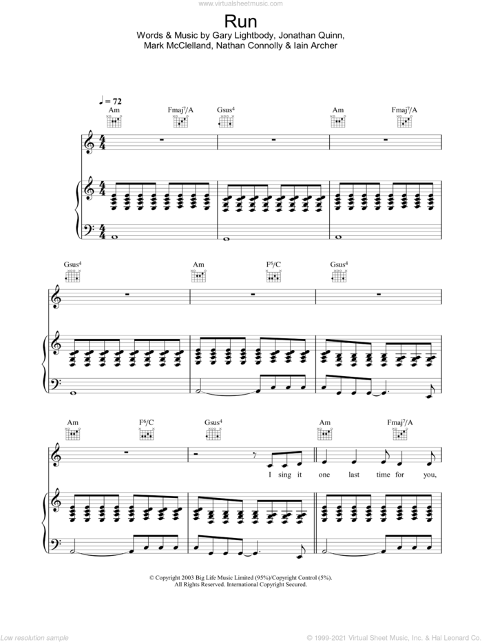 Run sheet music for voice, piano or guitar by Snow Patrol, intermediate skill level