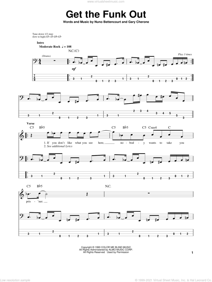 Get The Funk Out sheet music for bass (tablature) (bass guitar) by Extreme, Gary Cherone and Nuno Bettencourt, intermediate skill level
