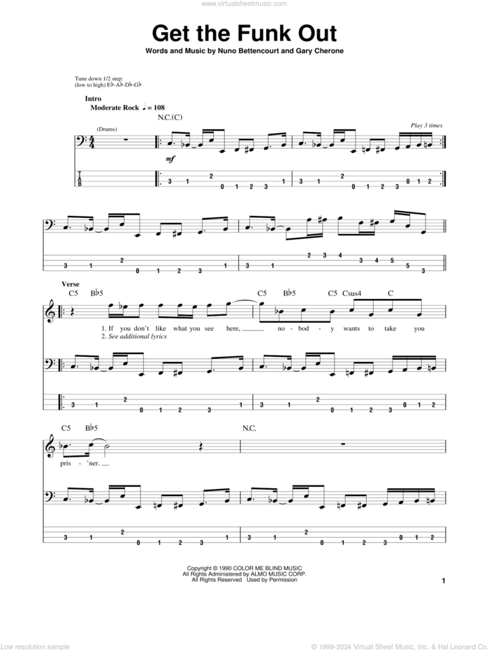 Get The Funk Out sheet music for bass (tablature) (bass guitar) by Extreme, Gary Cherone and Nuno Bettencourt, intermediate skill level