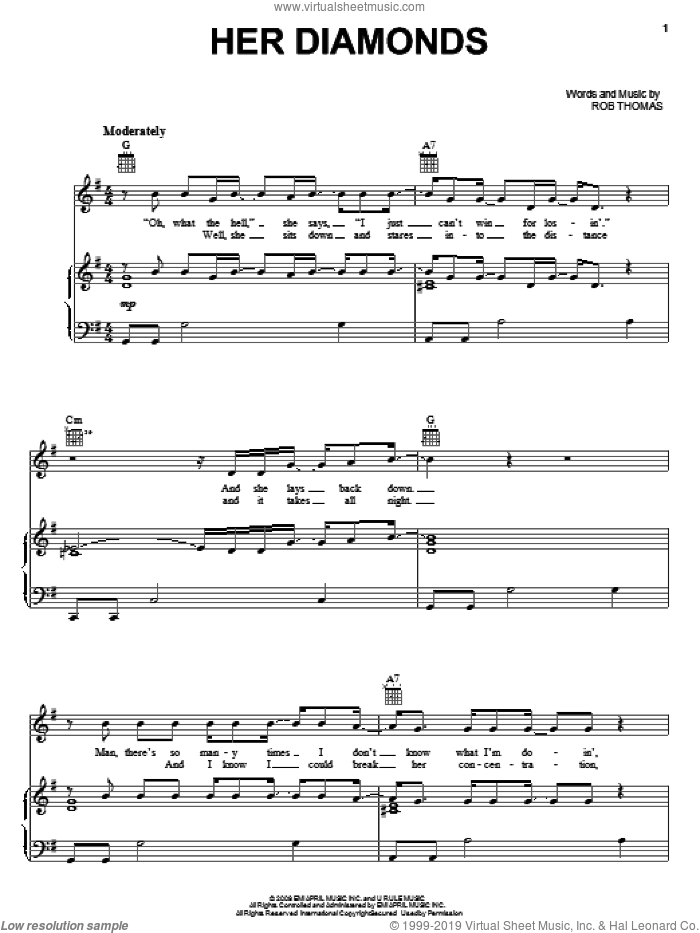 Her Diamonds sheet music for voice, piano or guitar by Rob Thomas, intermediate skill level