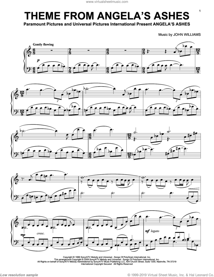 Theme From Angela's Ashes sheet music for piano solo by John Williams, intermediate skill level
