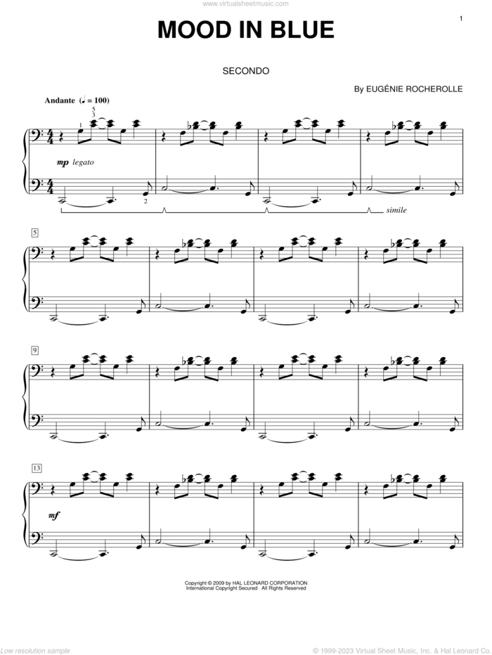 Mood In Blue sheet music for piano four hands by Eugenie Rocherolle, intermediate skill level